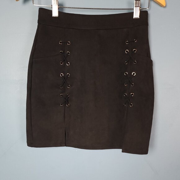 Mini Faux Suede High Waist Lace Up Pencil Skirt Sz M - Picture 5 of 9